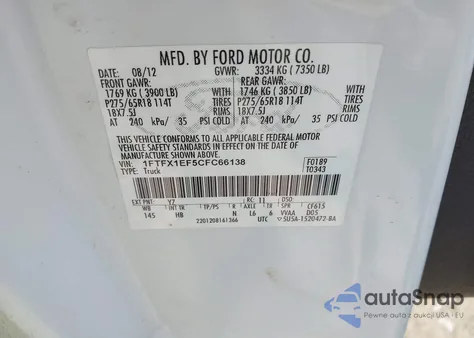 2012 Ford F-150 Lariat z USA, uszkodzony, nr VIN 1FTFX1EF5CFC66138